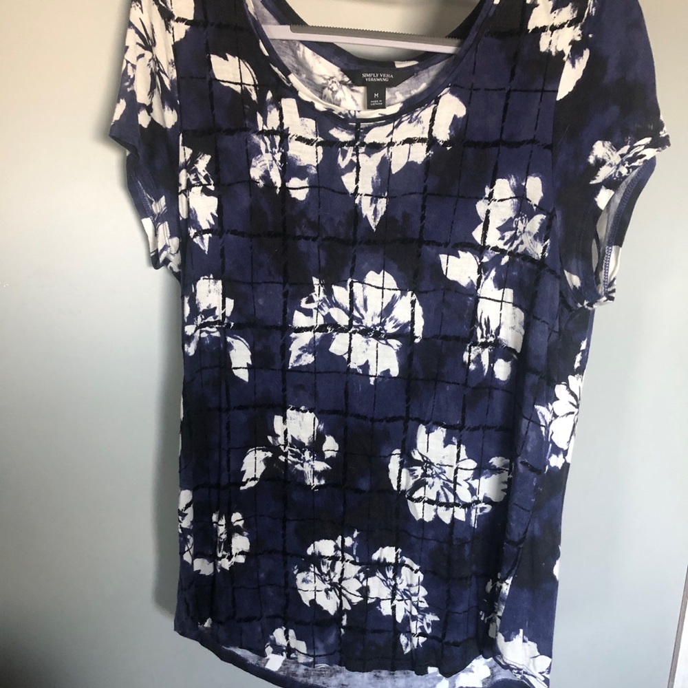 Simply Vera Vera Wang Navy and White Floral Grid Short Sleeve Top